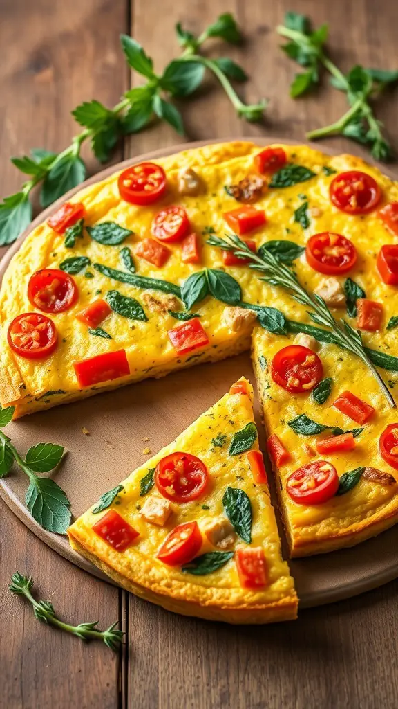 A colorful vegetable frittata with tomatoes, spinach, and bell peppers on a wooden table.