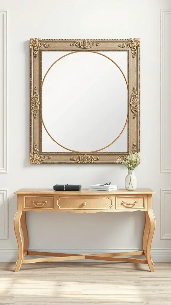 27+ Stunning Console Table Decor Ideas You Need to Try 8 A stylish console table with an ornate mirror above it, creating an elegant decor setup.
