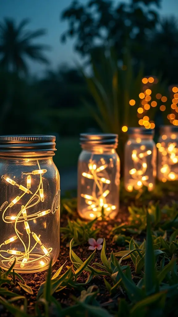 Mason jars filled with fairy lights glowing in the evening