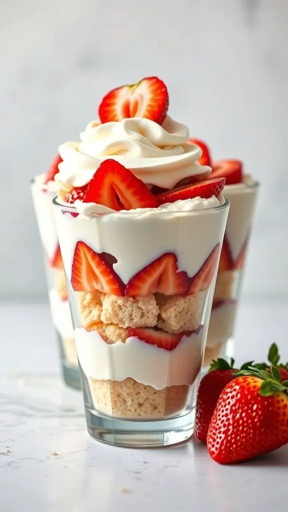 Delicious strawberry shortcake parfaits in glasses with layers of strawberries, cake, and whipped cream.