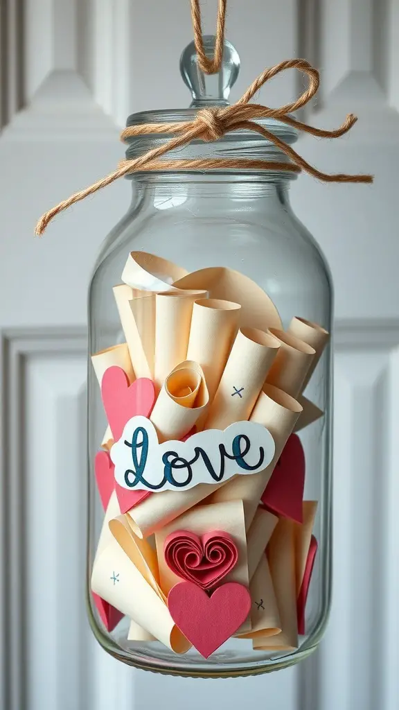 A glass jar filled with rolled love notes and colorful hearts, tied with twine.