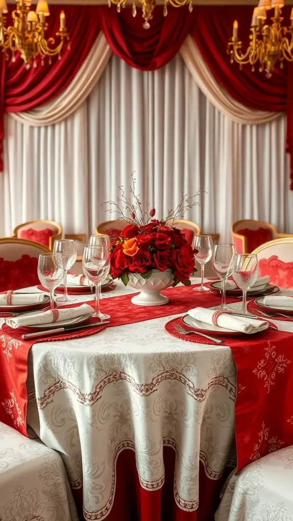 A beautifully set Valentine's Day table with red and white linens, elegant glassware, and a floral centerpiece.
