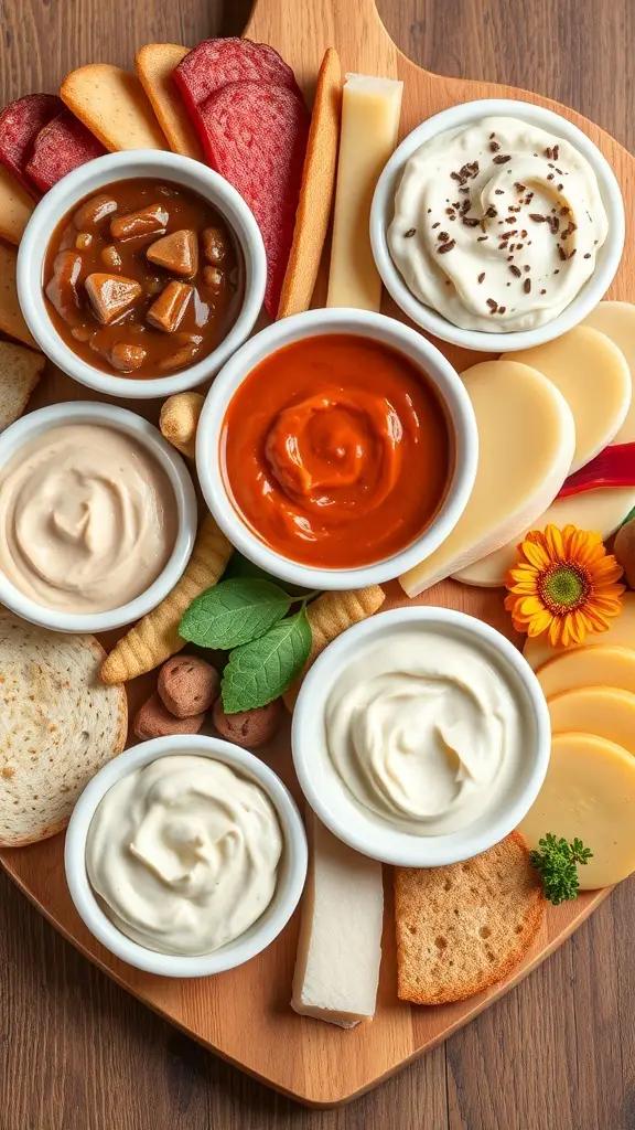 Heart-shaped charcuterie board with various spreads and dips