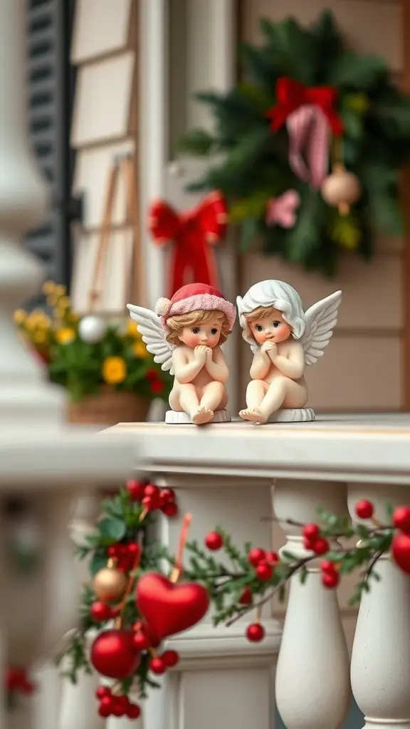 23+ Gorgeous Valentine's Day Porch Decor Ideas You’ll Love 4 Two adorable Cupid figurines sitting on a porch railing, surrounded by Valentine's Day decorations.