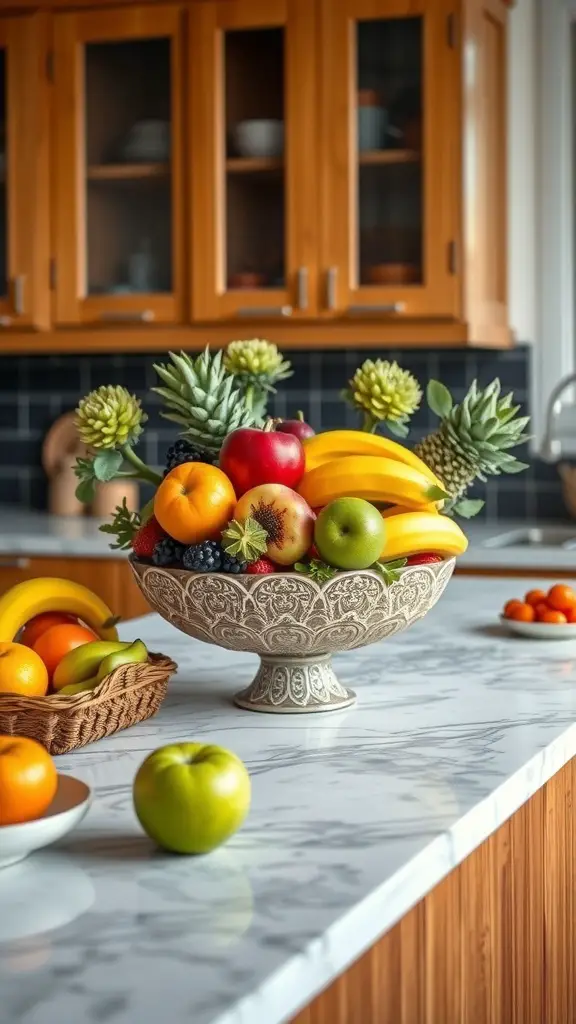 23+ Inspiring Kitchen Counter Styling Ideas to Elevate Your Space 7 A colorful fruit bowl filled with various fruits on a kitchen counter
