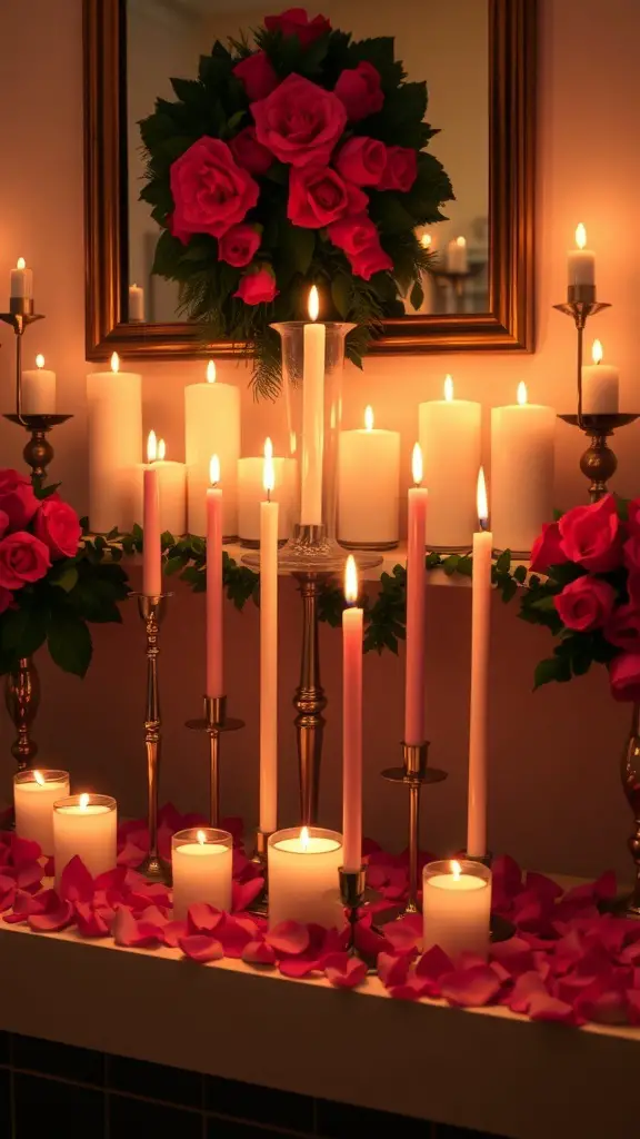 A romantic candle arrangement on a mantle with roses and rose petals.