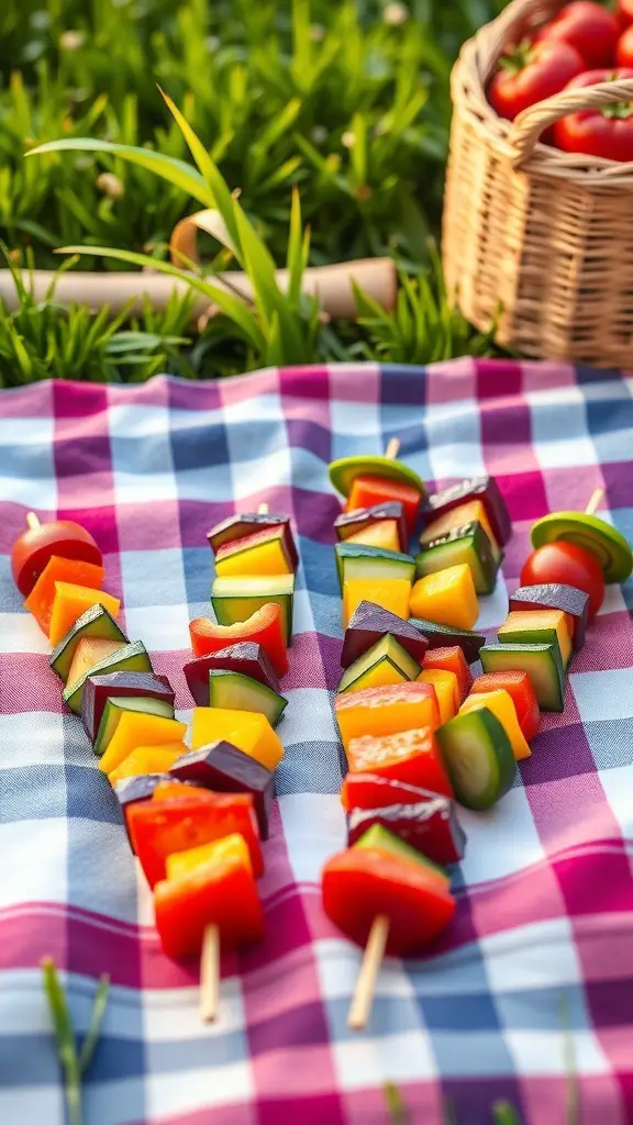 Colorful veggie skewers arranged on a picnic blanket with a basket of tomatoes in the background.