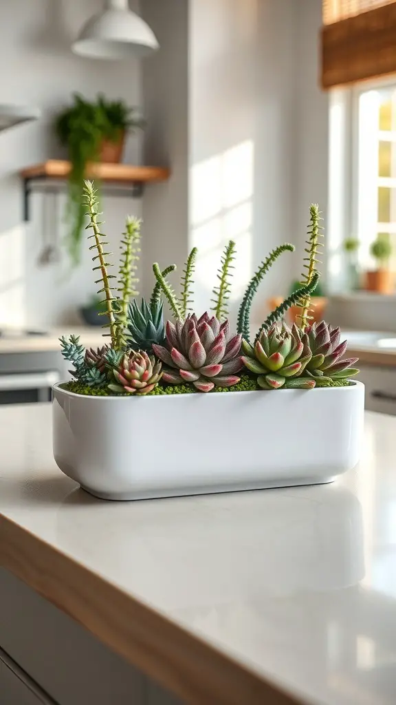 A modern succulent garden in a white rectangular planter on a kitchen island