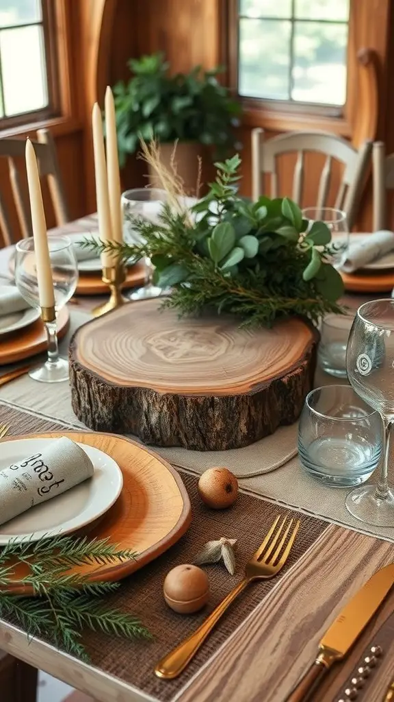 A rustic Valentine's table setting featuring wooden elements, greenery, and candles.