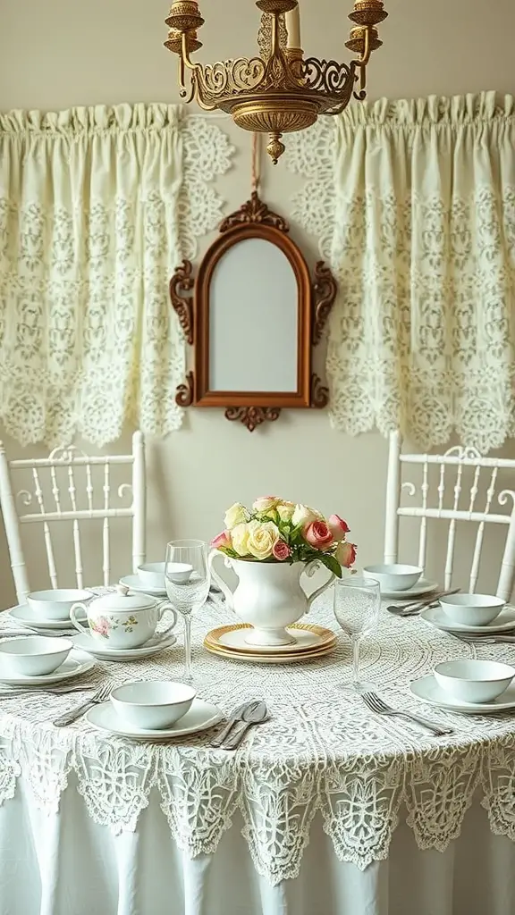 29+ Stunning Valentine's Tablescape Ideas to Impress Your Sweetheart 8 A vintage-inspired tablescape featuring a lace tablecloth, floral centerpiece, and elegant dinnerware.