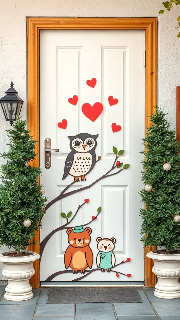 A door decorated with cute animal couples including an owl, bear, and hedgehog, surrounded by red hearts and greenery.