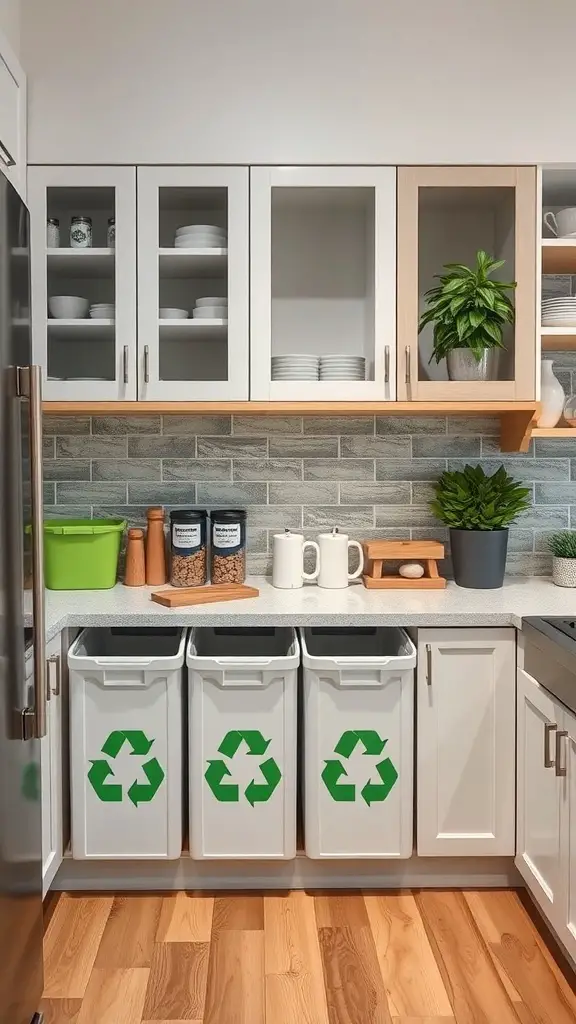 A kitchen with a built-in recycling station featuring three labeled bins and a clean, organized layout.