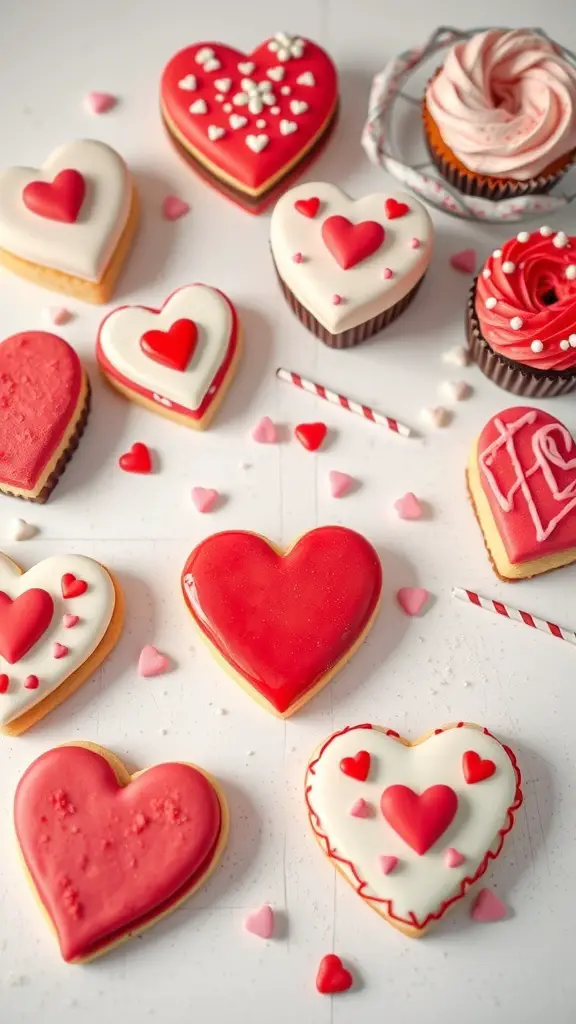 A variety of heart-shaped cookies and desserts in red and pink colors, perfect for a Galentine's celebration.