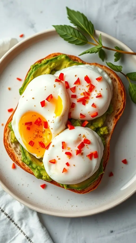Avocado toast topped with poached eggs and red pepper flakes on a plate