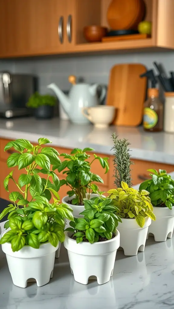 Fresh herb planters in white pots on a kitchen counter