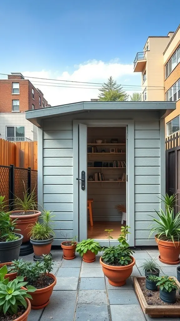 A compact urban shed surrounded by potted plants in a small yard.