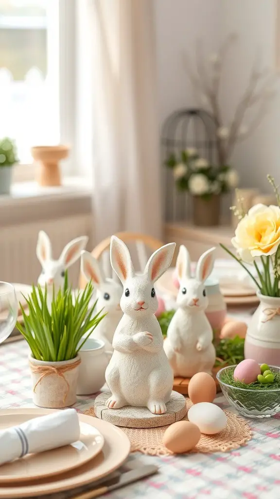 A beautifully set Easter table featuring whimsical bunny accents, fresh flowers, and colorful eggs.