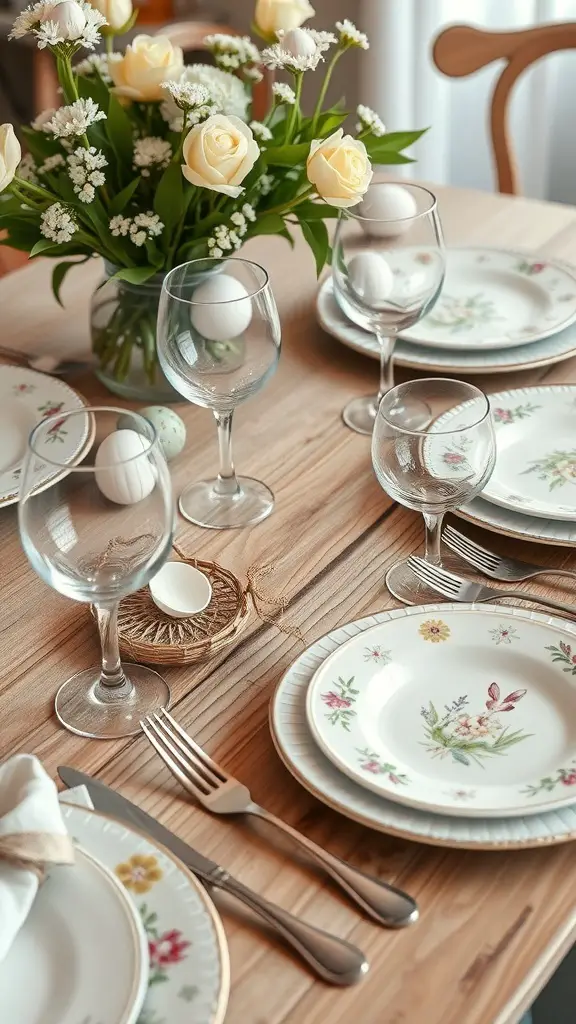 A beautifully set Easter table with floral plates, glassware, and decorative eggs.
