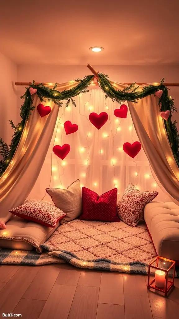A cozy blanket fort decorated with string lights and heart-shaped ornaments, perfect for Valentine's Day.