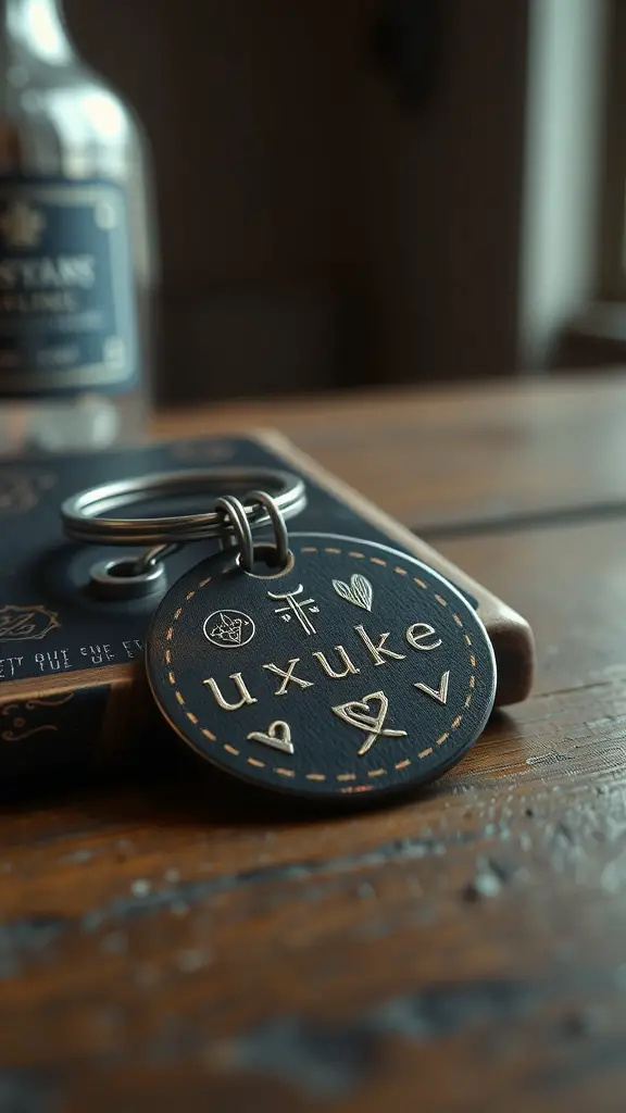 A handcrafted keychain made of leather with engraved symbols and letters