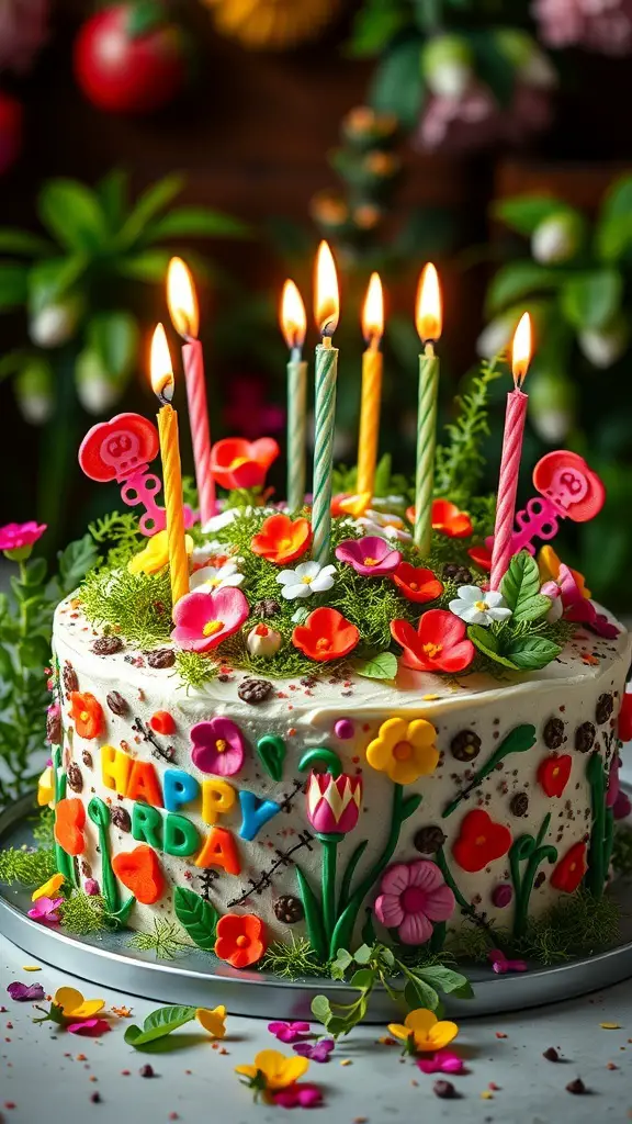 A colorful garden-themed birthday cake with flowers, greenery, and candles.