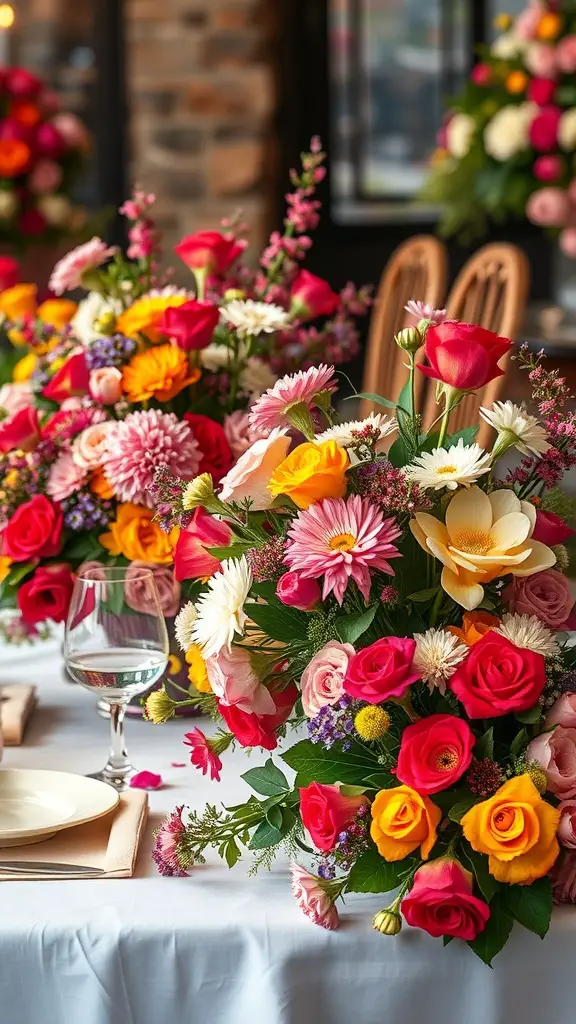 29+ Stunning Valentine's Tablescape Ideas to Impress Your Sweetheart 13 A beautifully arranged Valentine's Day table with vibrant floral centerpieces featuring roses and daisies.