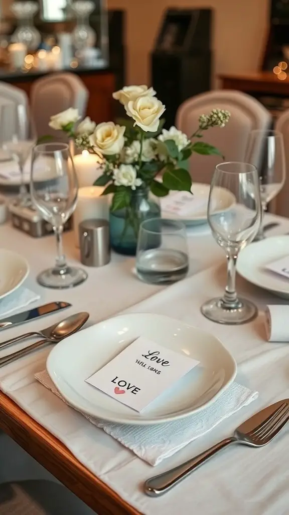 A beautifully set table with love notes on plates and a floral centerpiece.