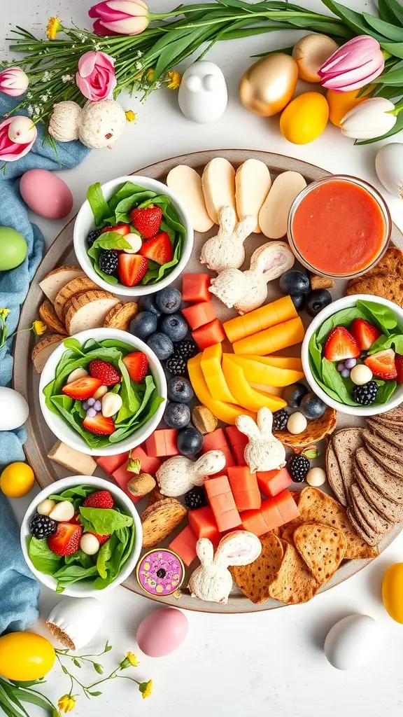 51+ Creative Easter Charcuterie Board Ideas 12 A colorful Easter charcuterie board featuring refreshing spring salads with strawberries, greens, and playful bunny-shaped snacks.