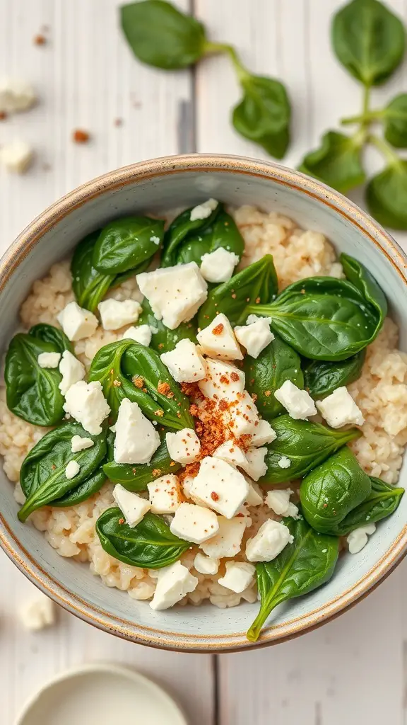 49+ Delicious Spring Breakfast Ideas to Brighten Your Morning 13 A bowl of savory oatmeal topped with fresh spinach and crumbled feta cheese.