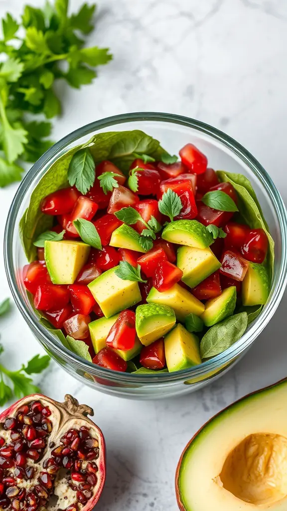 A bowl of colorful pomegranate and avocado salad with fresh herbs, tomatoes, and pomegranate seeds.