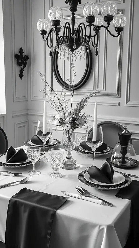29+ Stunning Valentine's Tablescape Ideas to Impress Your Sweetheart 10 A black and white themed Valentine's Day tablescape featuring elegant dinnerware, heart-shaped napkins, and a chandelier.