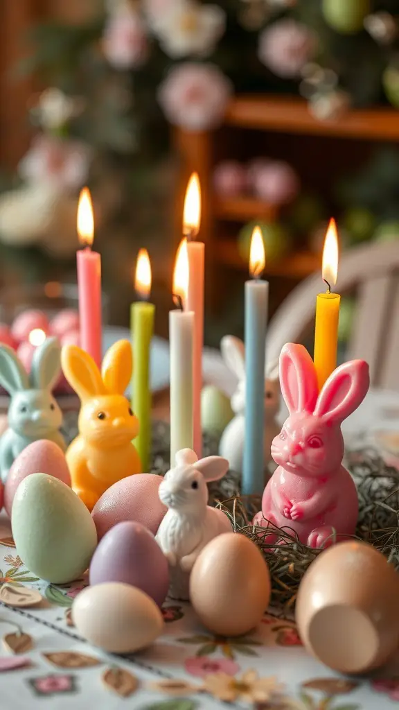 Colorful Easter candles with bunny figurines and decorative eggs
