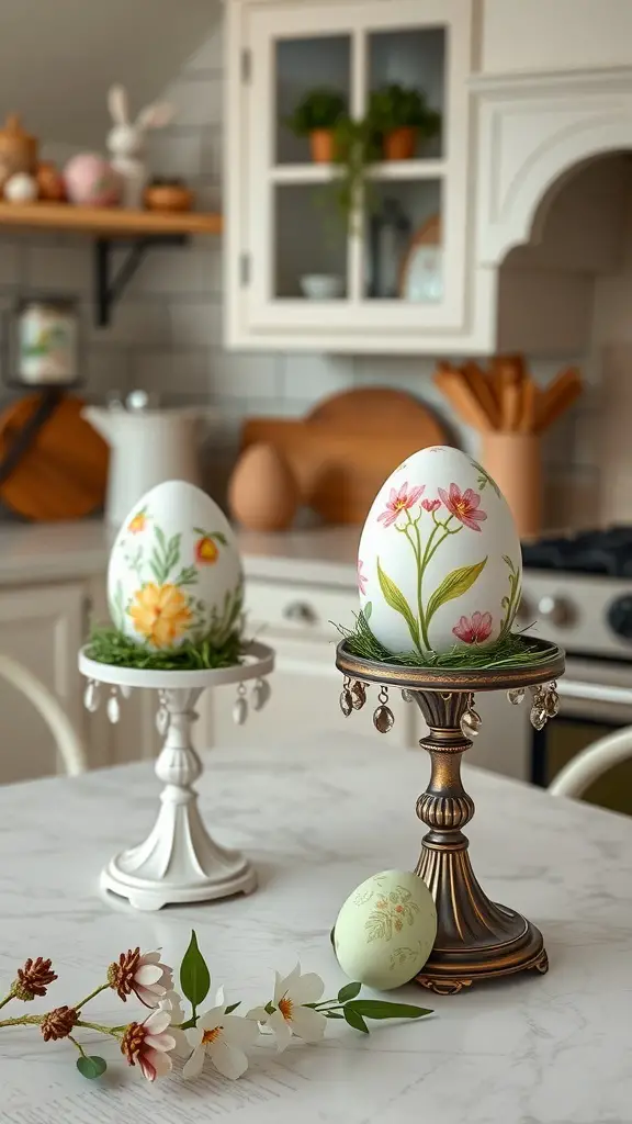 Decorative egg stands with hand-painted eggs in a kitchen setting