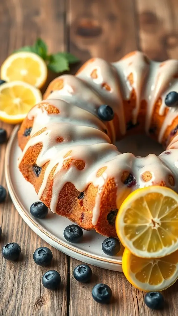A beautifully decorated Lemon Blueberry Bundt Cake with a glaze, surrounded by lemon slices and blueberries.