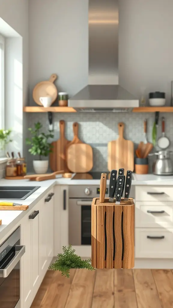 A modern kitchen featuring a wooden knife block, sleek appliances, and organized accessories.