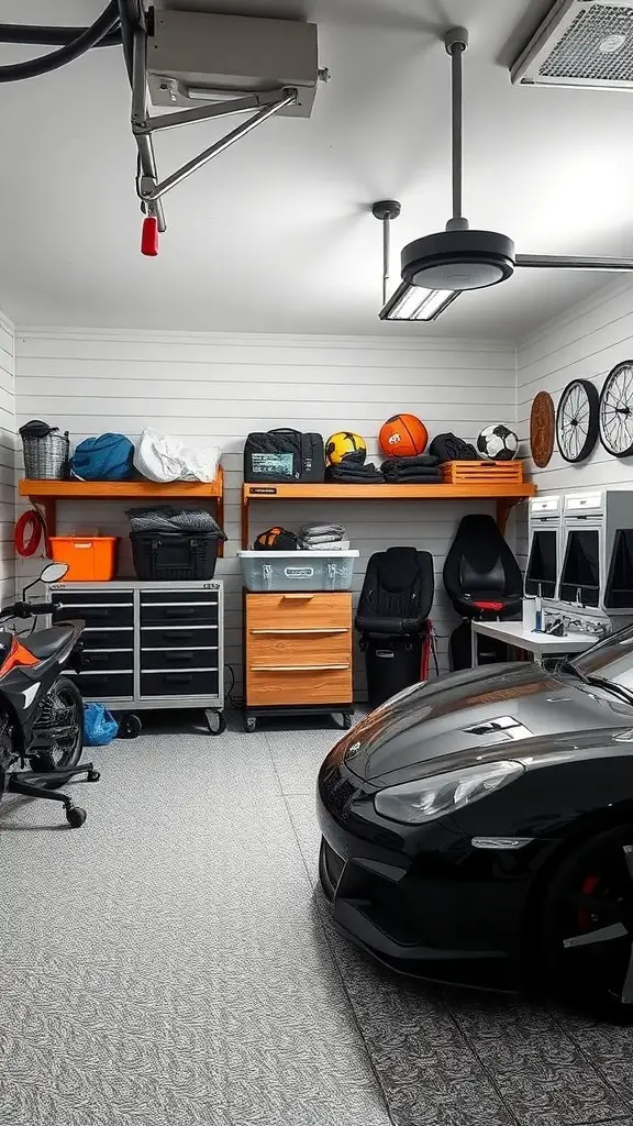 A well-organized garage with various sports balls stored on shelves and a motorcycle parked inside.
