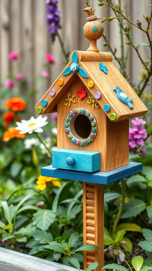 A colorful DIY birdhouse surrounded by flowers in a garden.