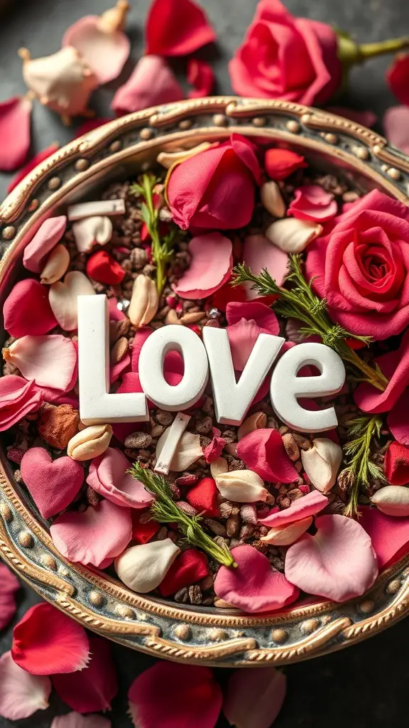 27+ Creative Valentine's Crafts for Adults to Ignite Romance 16 A decorative bowl filled with rose petals and the word 'Love' in the center.
