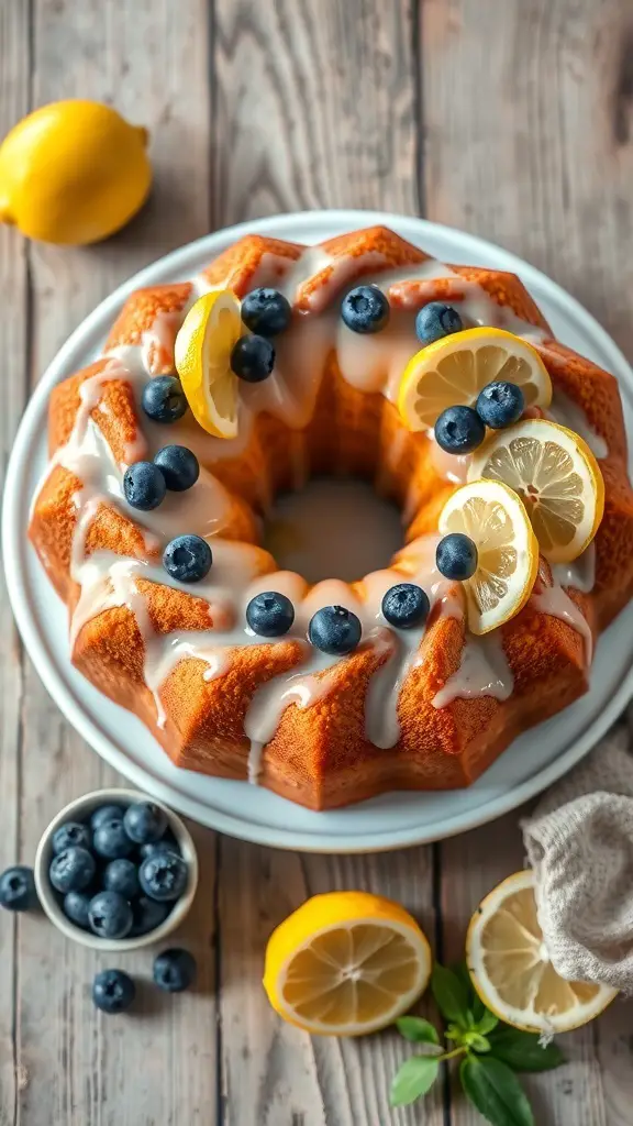 Lemon Blueberry Bundt Cake with lemon slices and blueberries on top