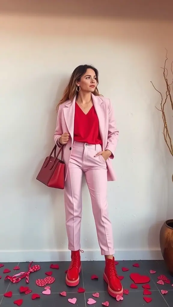A woman in a pink suit with a red top and red boots, standing among heart decorations.