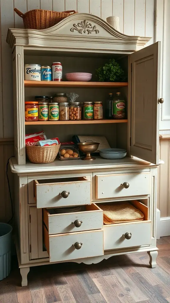 A vintage cabinet repurposed as a pantry, showcasing jars, cans, and decorative items.