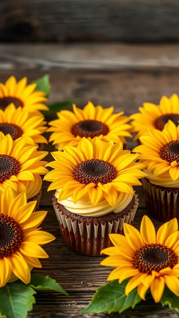 A display of sunflower cupcakes with yellow frosting petals and chocolate centers, surrounded by green leaves.
