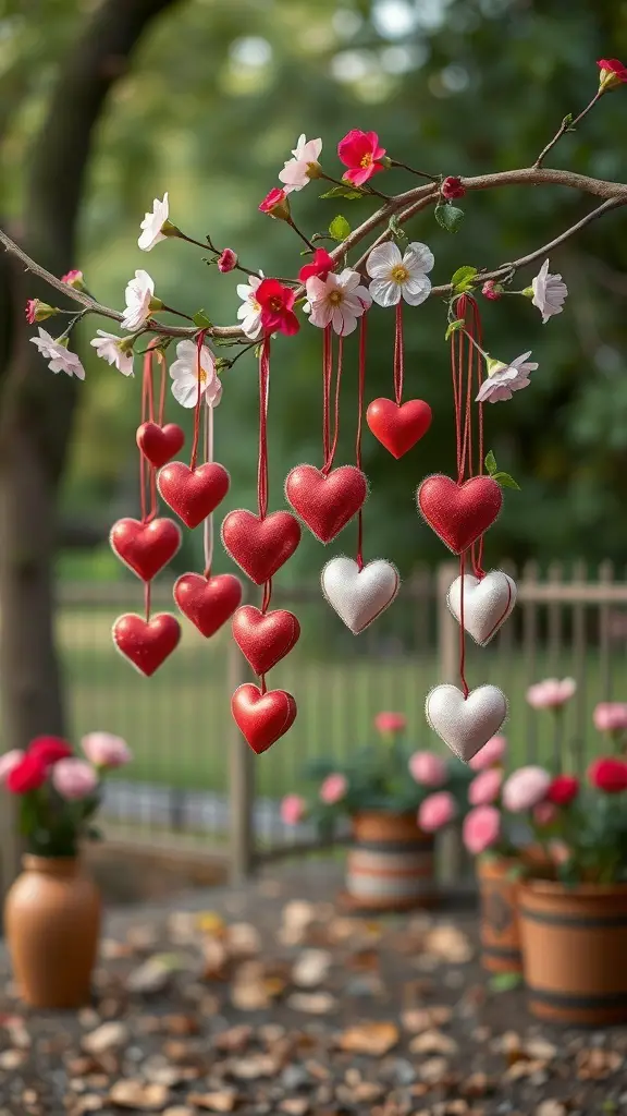 27+ Creative DIY Valentine’s Day Decor Ideas You’ll Love 13 A tree branch decorated with heart-shaped ornaments and flowers, perfect for Valentine's Day decor.
