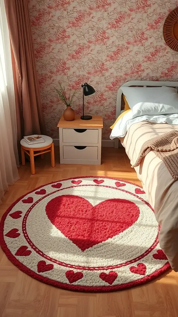 A round Valentine's Day themed rug with a large red heart design in a cozy bedroom setting.