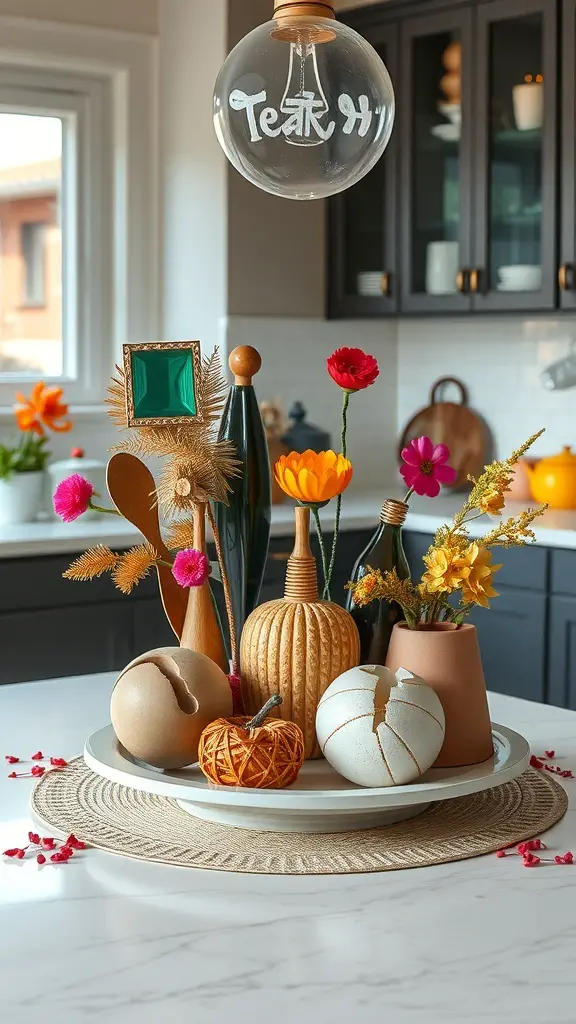 A colorful and artistic kitchen table centerpiece featuring vases, flowers, and decorative pumpkins.