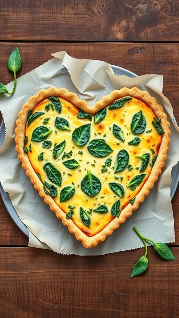23+ Heart-Shaped Food Ideas 12 A heart-shaped quiche with spinach and cheese on a wooden table.
