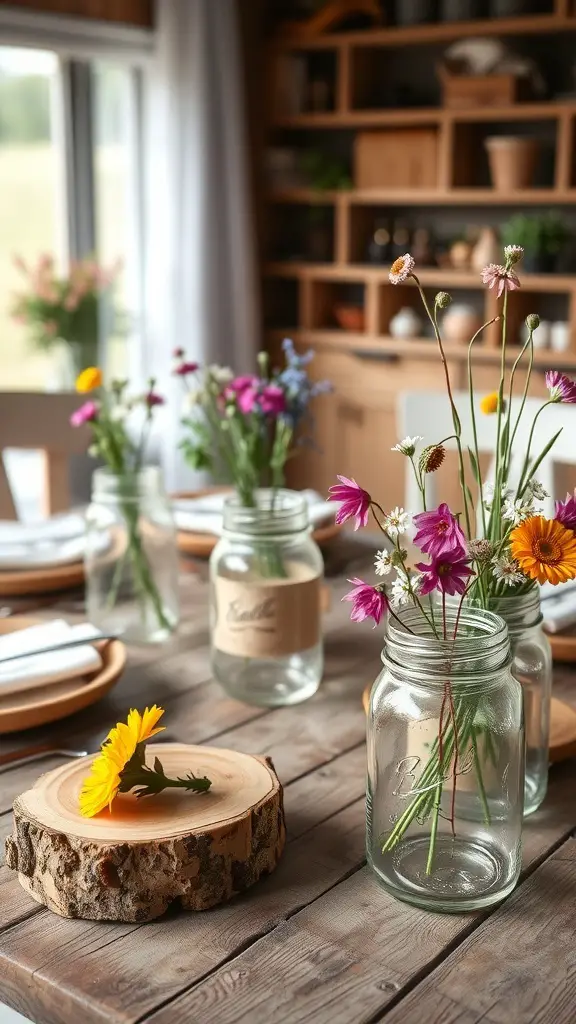 A rustic farmhouse table setting with mason jars of flowers and wooden plates.