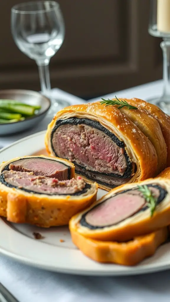 A beautifully sliced Beef Wellington on a plate, showcasing its flaky pastry and juicy interior.