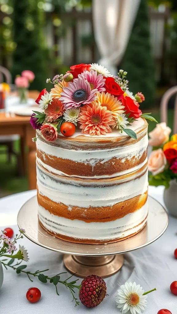 A naked cake decorated with colorful flowers and fruits, set in a garden party atmosphere.