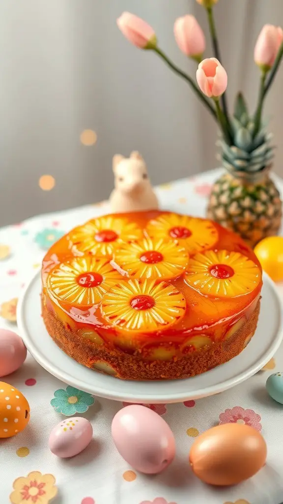 A beautifully decorated pineapple upside-down cake on a table with Easter decorations.